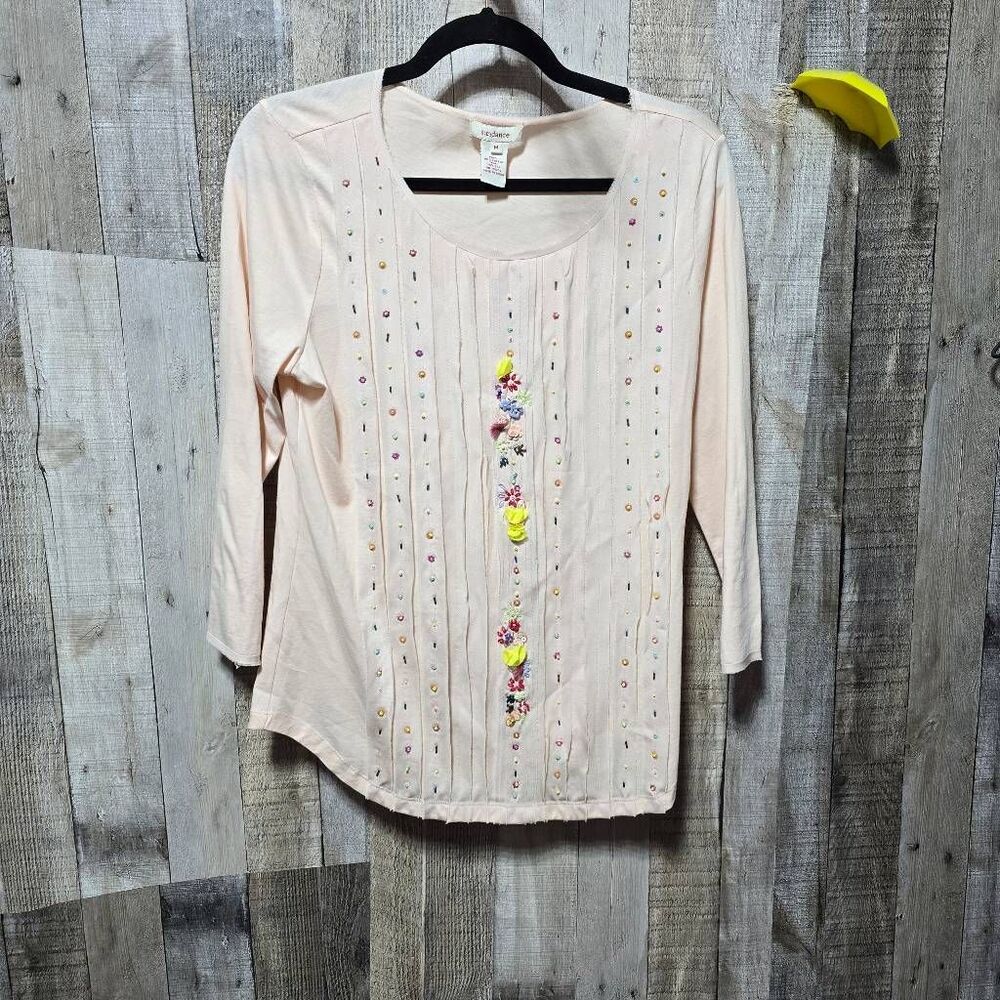 Sundance Soft Pink Beaded Pintuck Silk Trim Blouse Medium Office Maximalist